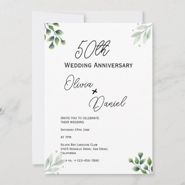 Green Leaf' Standard 50th Wedding Anniversary  Invitation (Front)