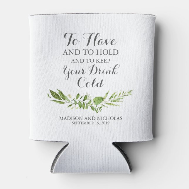 Green Leaf Wedding Can Coolers, Rustic Greenery Cooler (Front)