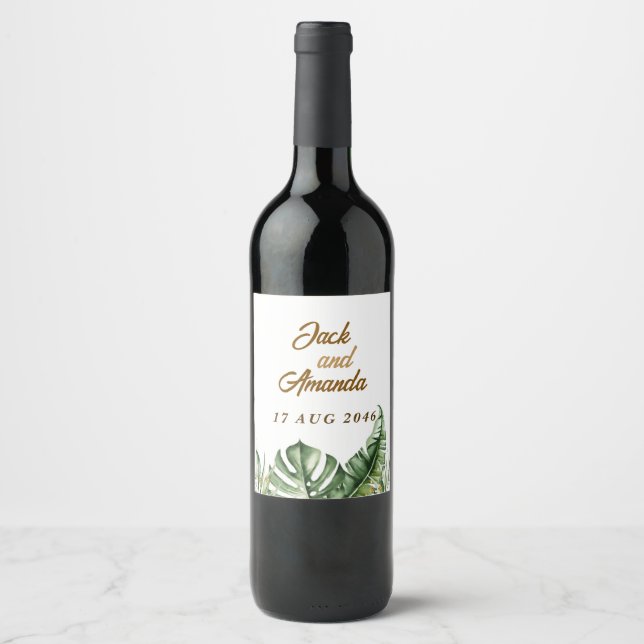 Green Leaf  Wedding Decor Wine Bottle Labels (Front)
