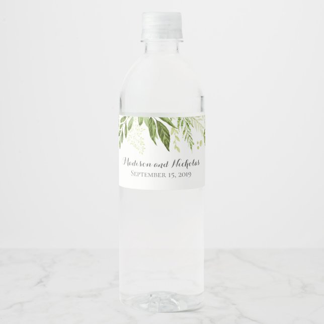 Green Leaf Wedding Water Bottle Labels, Greenery Water Bottle Label (Front)