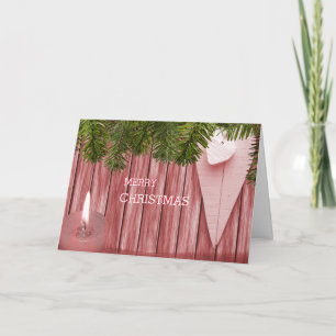Green Leaf Wood Background with Heart Christmas Holiday Card