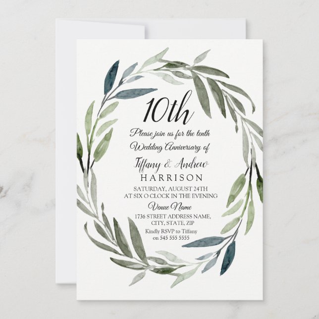 Green Leaf Wreath 10th Wedding Anniversary Invite (Front)