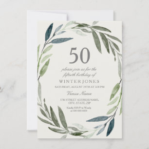 Green Leaf Wreath 50th Birthday Party Invitation