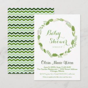 Green Leaf Wreath Chevron -3x5 Baby Shower Invite