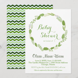 Green Leaf Wreath Chevron - Baby Shower Invitation