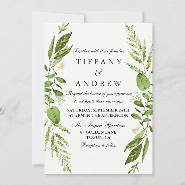 Green Leaf Wreath Elegant Wedding Invite (Front)