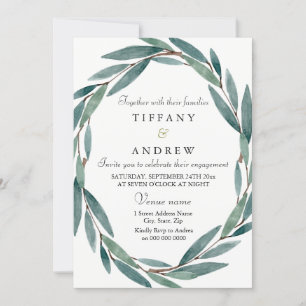 Green Leaf Wreath Engagement Party Invitation