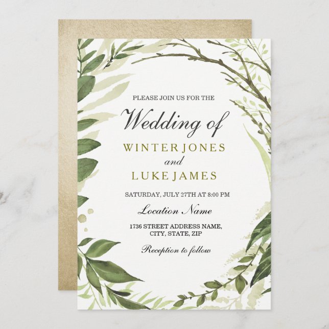 Green Leaf Wreath f Gold Foil Wedding Invite (Front/Back)