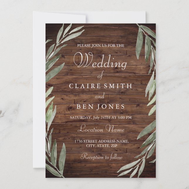 Green Leaf Wreath Rustic Wood Wedding Invitation (Front)