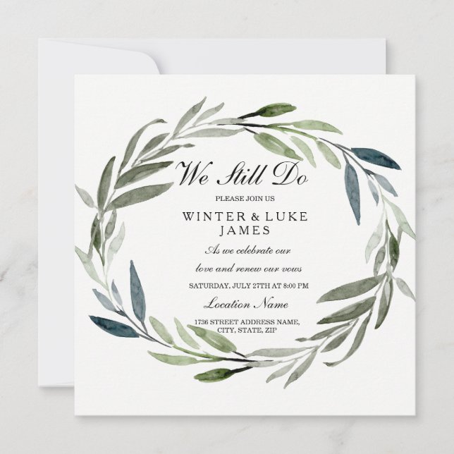 Green Leaf Wreath Vow Renewal Invitation (Front)