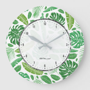 Green leafs seamless pattern large clock