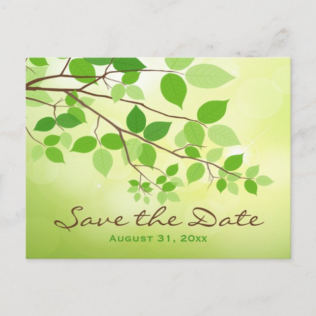 Green Leafy Branches Save the Date Post Card (Front)