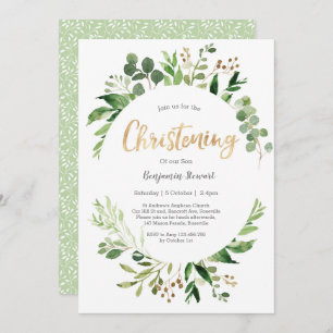 Green Leafy Christening Invitation