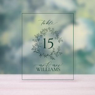 Green Leafy Crest Monogram Wedding Table Number Acrylic Sign