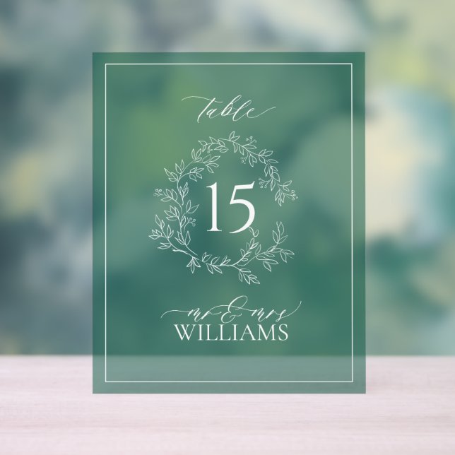 Green Leafy Crest Monogram Wedding Table Number Acrylic Sign (Neutral)