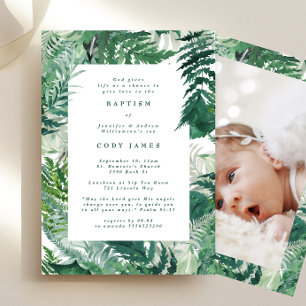 Green Leafy Elegant Botanical Baptism Photo Invitation
