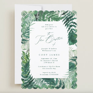 Green Leafy Elegant Botanical Frame Baptism Invitation