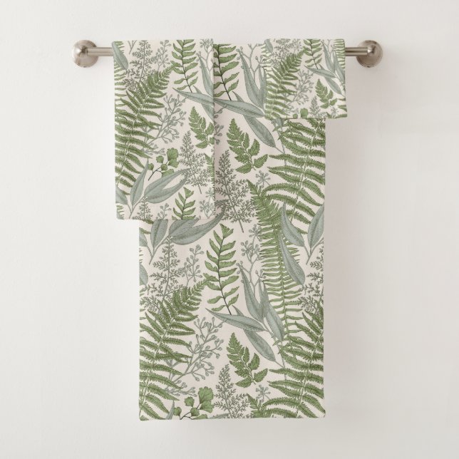 Green Leafy Garden Floral Pattern Bath Towel Set (Insitu)