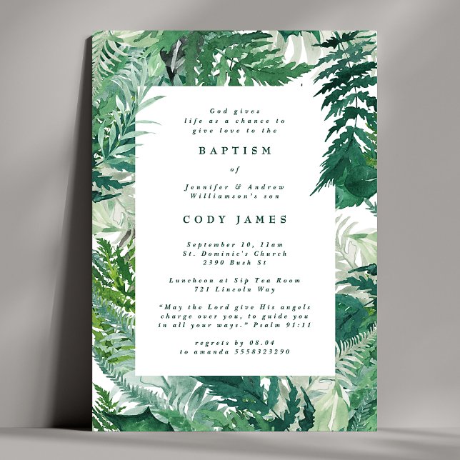 Green Leafy Painted Elegant Botanical Baptism Invitation (Creator Uploaded)