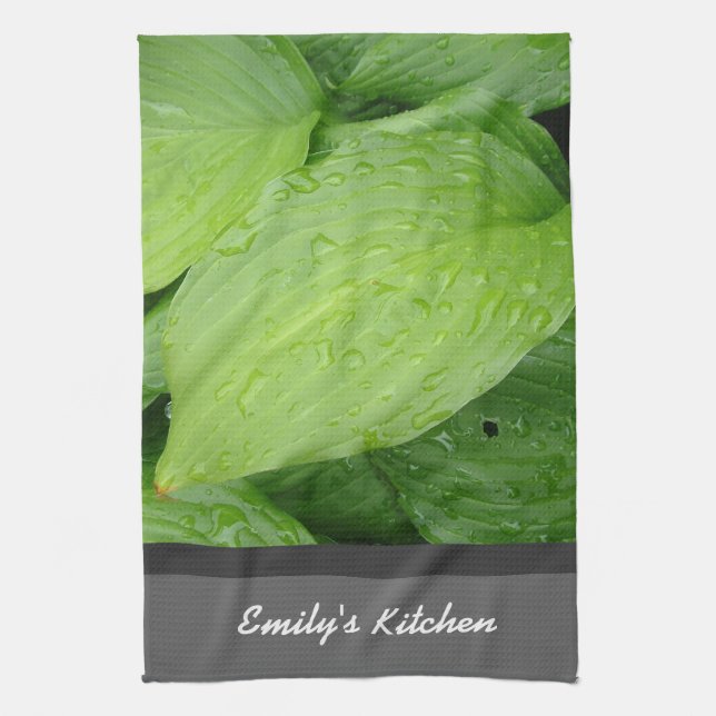 green leafy plant with rain drops tea towel (Vertical)