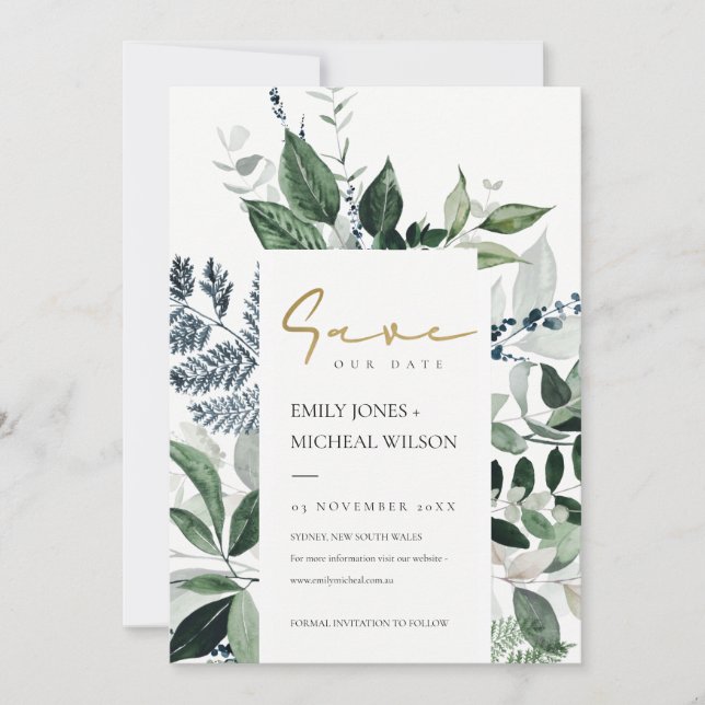 Green Leafy Tropical Foliage Save The Date Invite (Front)