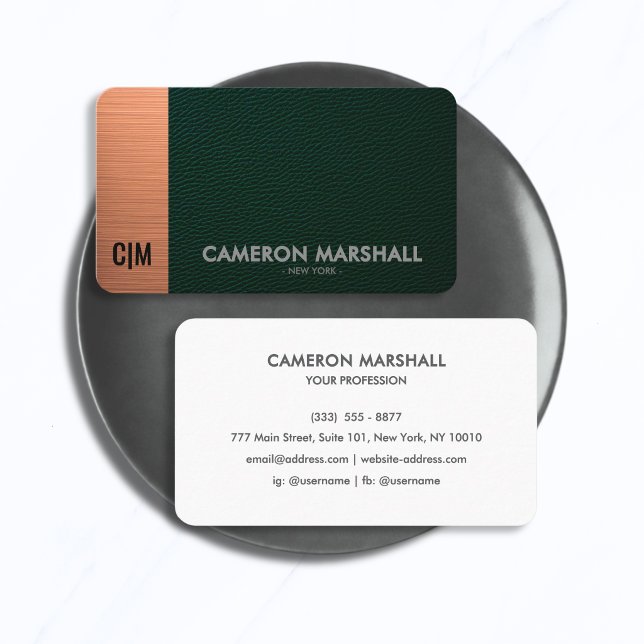 Green Leather and Copper Monogram with White Back Business Card (Creator Uploaded)