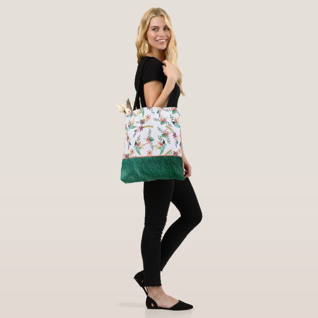 Green Leather And Flowers Tote Bag (On Model)