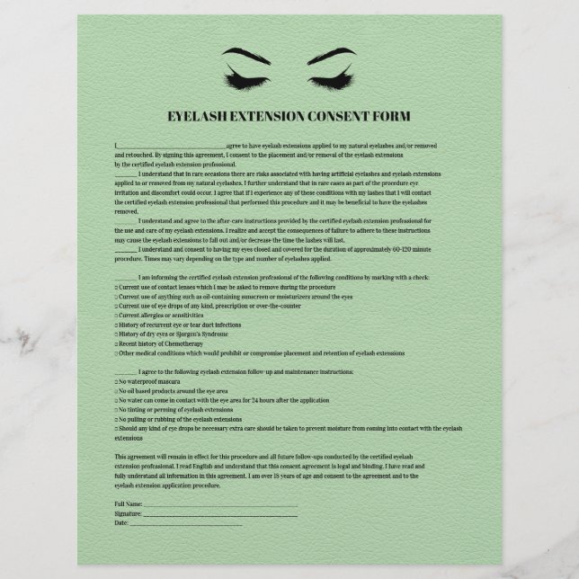 GREEN Leather EYELASH EXTENSION CONSENT FORM Flyer (Front)