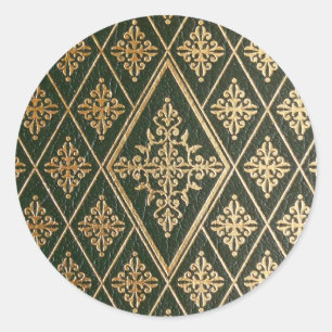 Green Leather Gold Embossed Pattern Classic Round Sticker