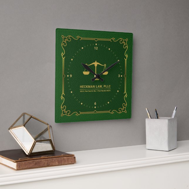 Green Leather Gold Justice Scale Vintage Frame Square Wall Clock (Office)