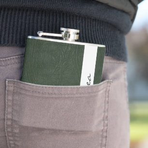 Green Leather, Leather Texture, Your Name Hip Flask