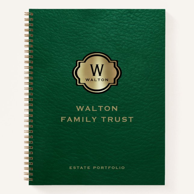Green Leather Look Gold Monogram Notebook (Front)