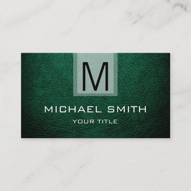 Green Leather Textured Monogram Business Card (Front)