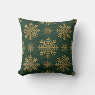 Green Leather Tooled with Gold Snowflakes Cushion