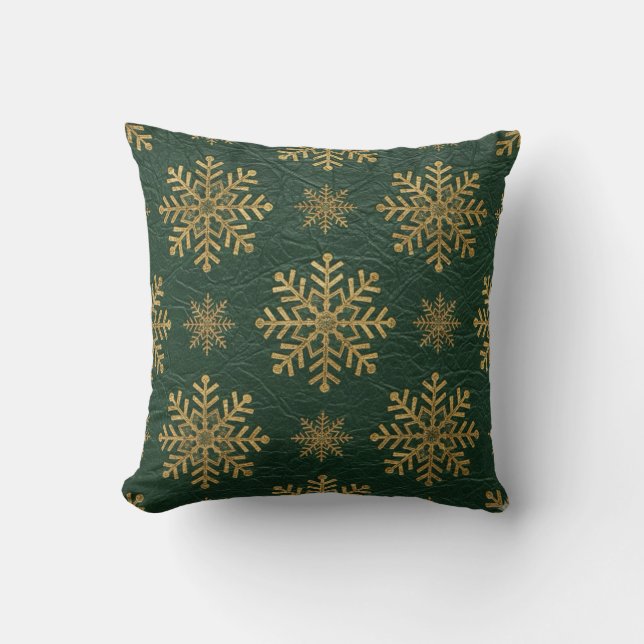 Green Leather Tooled with Gold Snowflakes Cushion (Front)