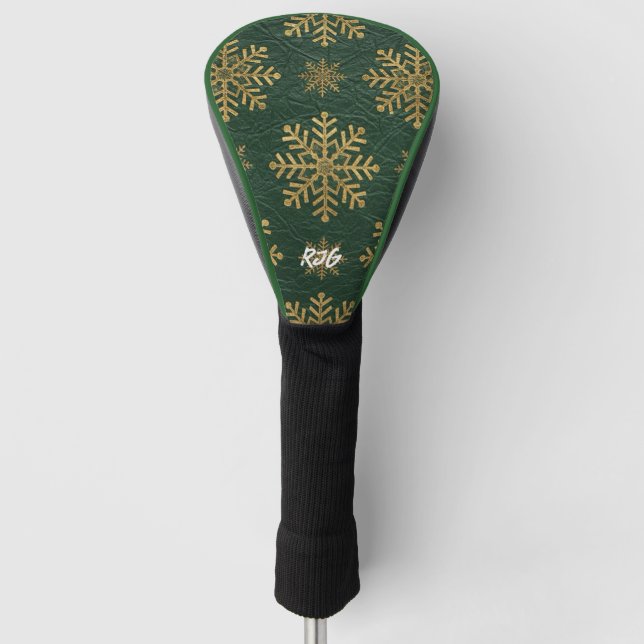 Green Leather Tooled with Gold Snowflakes Initials Golf Head Cover (Front)