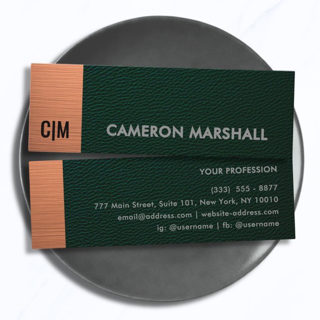 Green Leather with Metallic Copper Accent Monogram Mini Business Card (Creator Uploaded)
