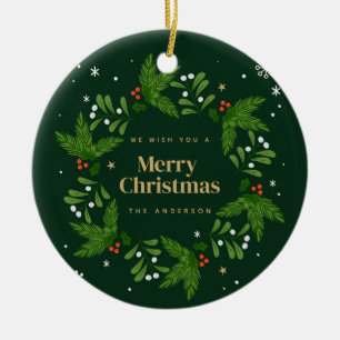 Green Leave Snowflake Merry Christmas Ceramic Ornament