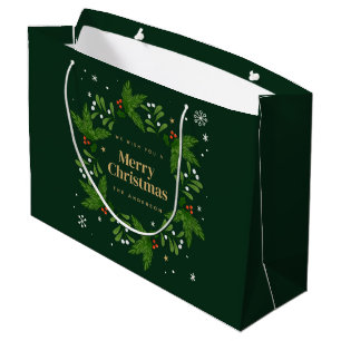 Green Leave Snowflake Merry Christmas Large Gift Bag