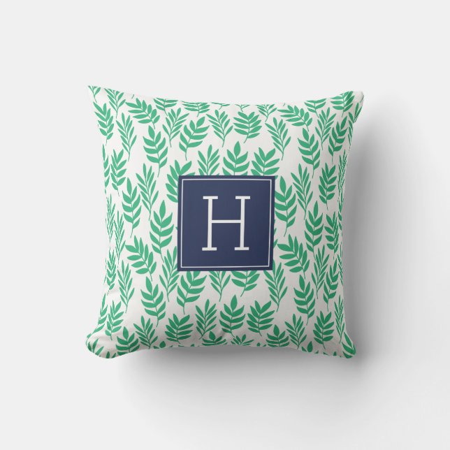 Green Leaves and Blue Monogram Cushion (Front)