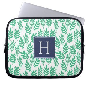 Green Leaves and Blue Monogram Laptop Sleeve