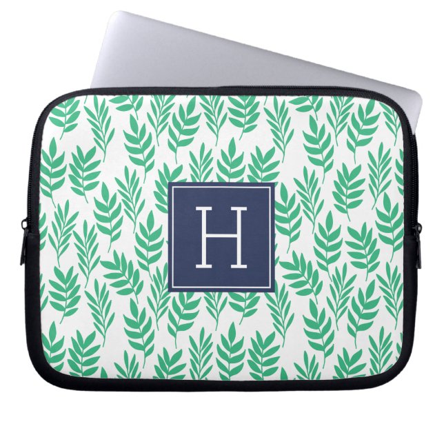 Green Leaves and Blue Monogram Laptop Sleeve (Front)
