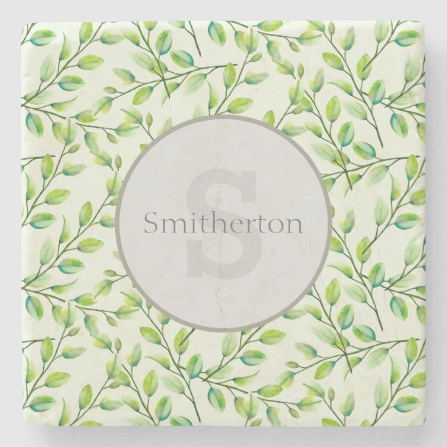Green Leaves and Branches Monogram Stone Stone Coaster (Front)