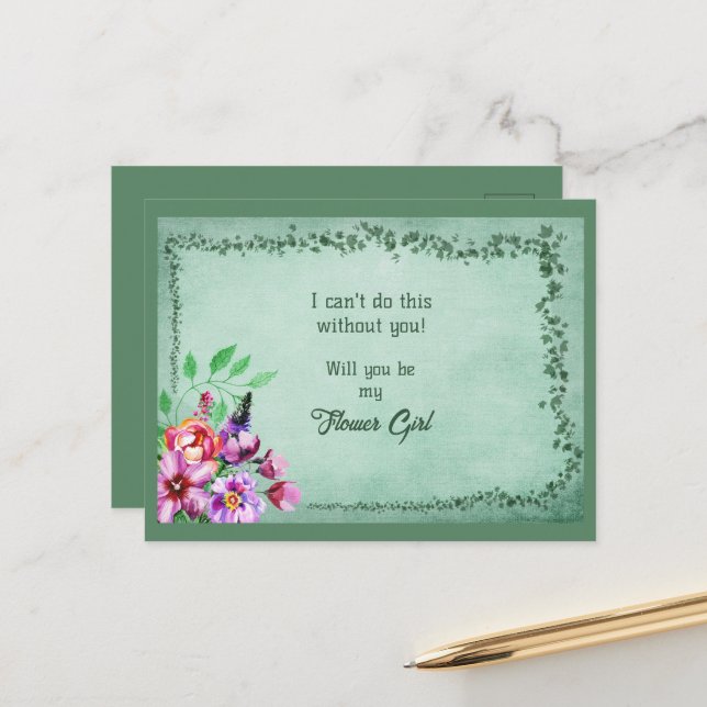 Green Leaves and  Floral Bouquet Flower Girl Announcement Postcard (Front/Back In Situ)