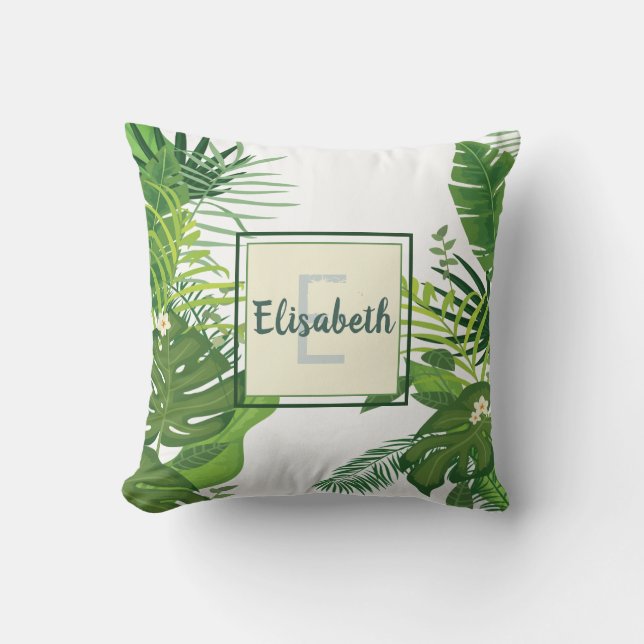Green leaves and flowers tropical monogram cushion (Front)