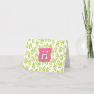 Green Leaves and Pink Monogram Note Card