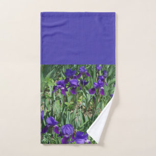 Green Leaves and Purple Irises Bathroom Hand Towel