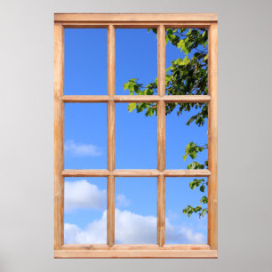 Green Leaves and Summer Sky View from a Window Poster