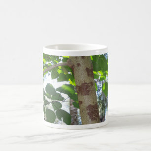 green leaves and tree trunk with cool bark coffee mug