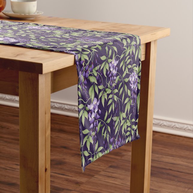  Green Leaves and Wisteria Floral Pattern Short Table Runner (In Situ)